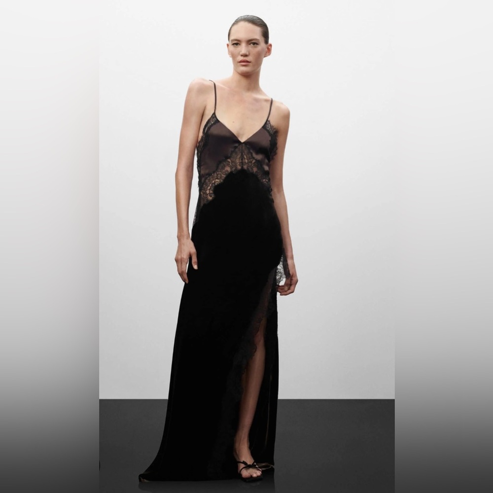 NWT Mango Black and Chocolate Brown Velvet Satin and Lace Dress